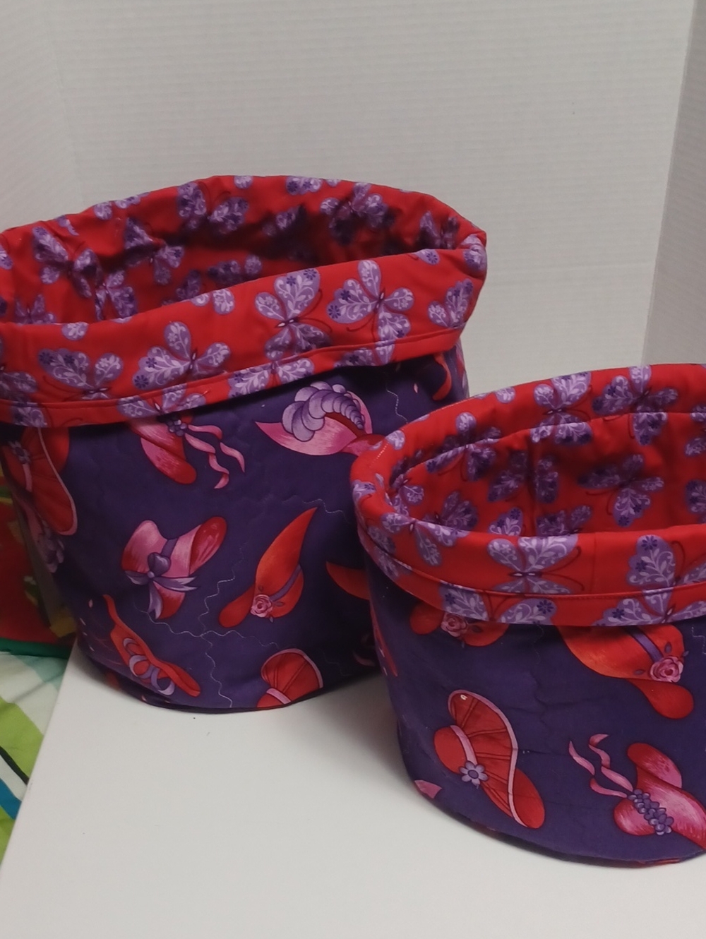Purple and Red Quilted Fabric Storage Bins - Floral Red Hat For Red Hatters